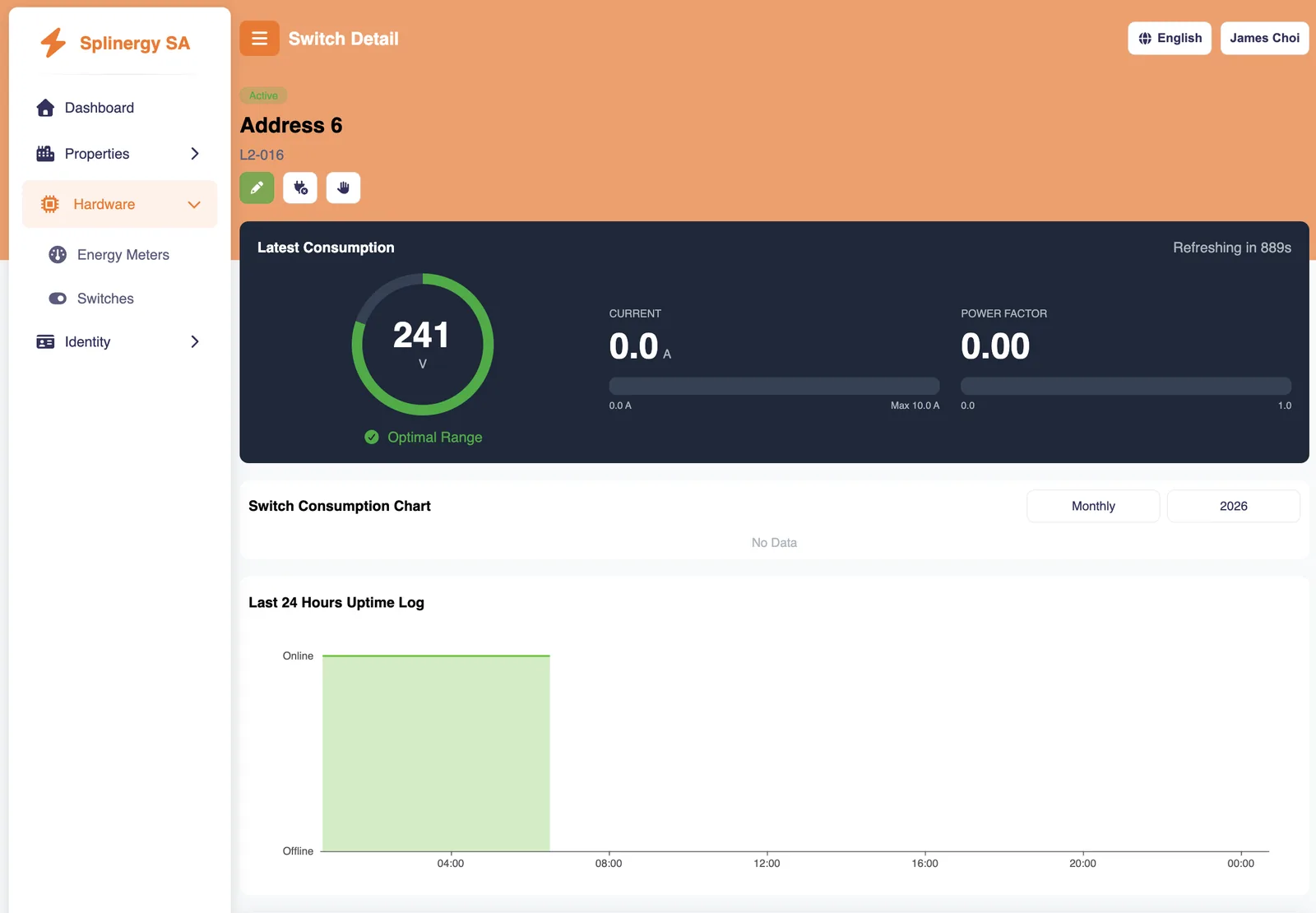 Switch detail page with live 241V circular voltage gauge, current and power factor readings, switch consumption chart and 24-hour uptime log